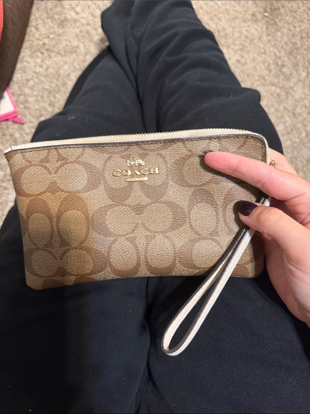 Coach Brown Signature Canvas Wristlet with Ivory Strap